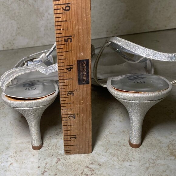 Silver Glitter Rhinestone Strappy Heeled Sandals Party Special Occasion - Picture 4 of 9